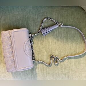 Tory Burch Light Grey Fleming Bag with Tassel and Silver Hardware
